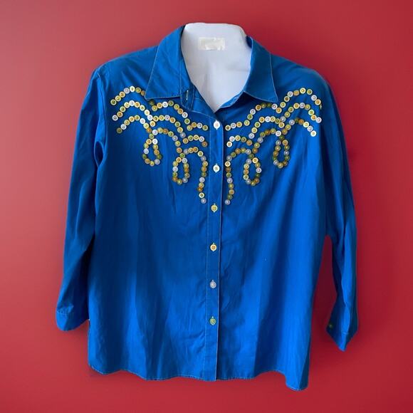 Bob Mackie Wearable Art Cotton Blend Blouse Top Cockney Button Motif Size 1X - Picture 1 of 6